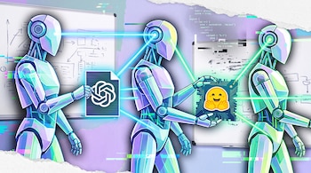 Tres robots en fila unidos por haces de luz se entregan un documento con el logo de OpenAI y una tarjeta con el logo de Hugging Face.