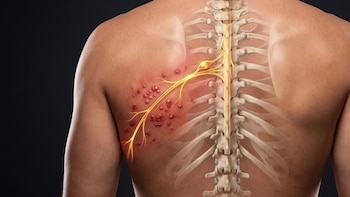 Espalda de una persona con lesiones rojas en la piel y una superposición de la columna vertebral y nervios amarillos iluminados