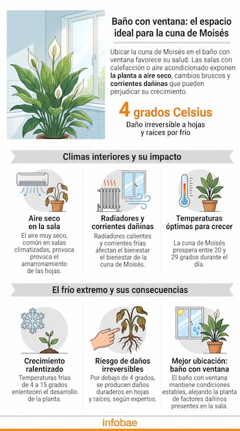 Infografía explicativa con la planta cuna de Moisés en maceta e íconos sobre temperatura, radiadores y aire acondicionado.