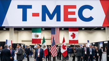 Una pancarta grande con "T-MEC" en letras azules y rojas cuelga sobre un grupo de personas en un evento, con banderas de México, EE. UU. y Canadá visibles debajo.