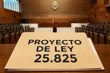 Una carpeta de color beige con el texto Proyecto de Ley 25.825 sobre una mesa enfrente de un plenario legislativo.