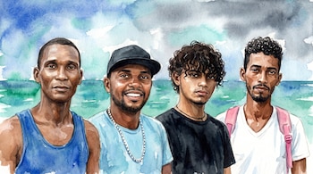 Ilustración en acuarela de cuatro hombres jóvenes. El fondo muestra un mar y cielo pintados con tonos azules, verdes y grises.