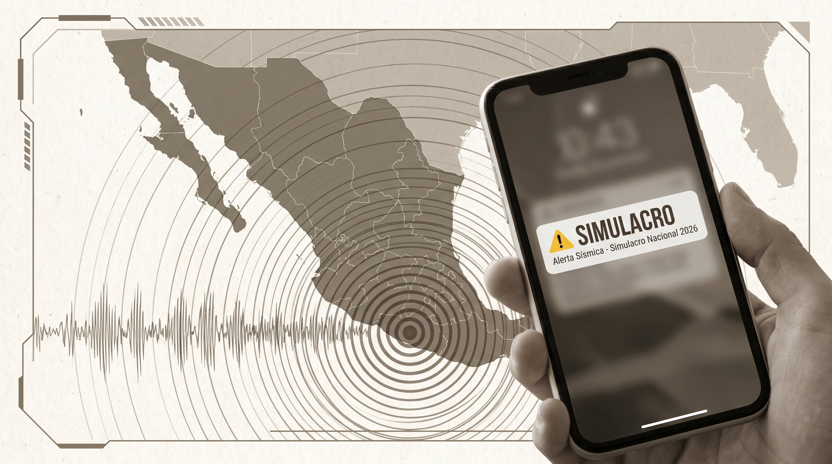 La imagen ilustra la preparación de México para el Simulacro Nacional 2026, con un mapa del país y ondas sísmicas emergiendo de Guerrero, mientras un teléfono móvil muestra una alerta de