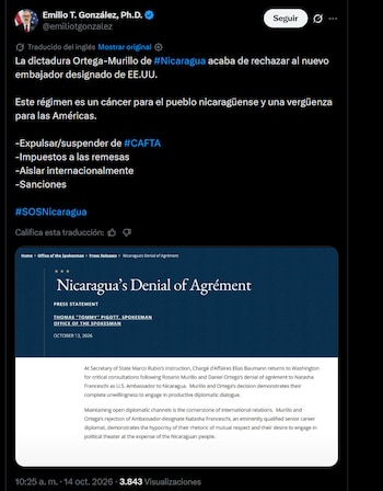 Emilio T. González pidió endurecer las medidas contra el régimen de Nicaragua.