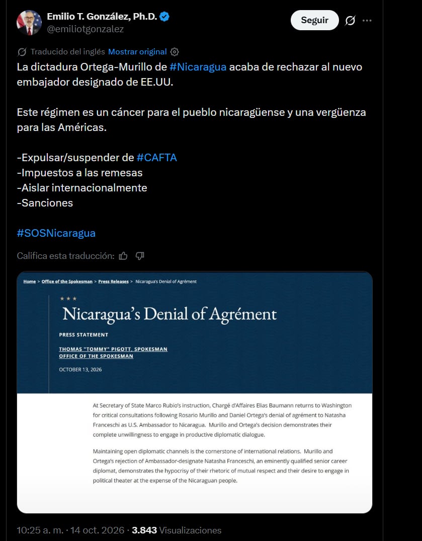 Emilio T. González pidió endurecer las medidas contra el régimen de Nicaragua.