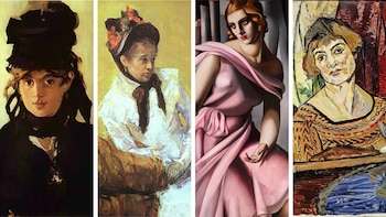 Cuatro retratos de mujeres en estilo pictórico variado, mostrando distintas épocas y técnicas artísticas, con tonalidades vibrantes y expresiones diversas