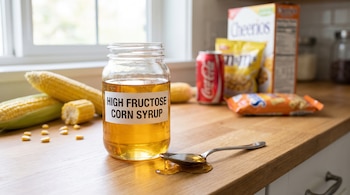 Frasco de jarabe de maíz de alta fructosa, mazorcas de maíz, granos de maíz, cuchara con jarabe, refresco, cereales y snacks en una encimera.