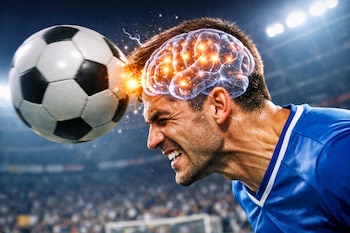 Futbolista cabecea balón. Su cabeza exhibe una superposición gráfica de un cerebro iluminado con actividad neuronal. Fondo borroso de estadio con público.