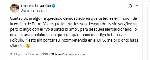 La congresista Lina Maria Garrido criticó a Gustavo Bolívar por enlistar a los políticos que no fueron elegidos en las elecciones del 8 de marzo - crédito @linamariagarri1/X