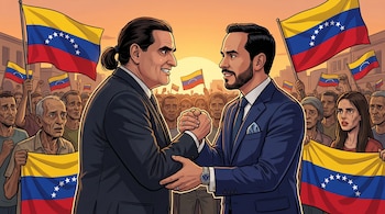 Caricatura de Abelardo de la Espriella y Alex Saab estrechando manos, frente a una multitud venezolana empobrecida con banderas al atardecer.