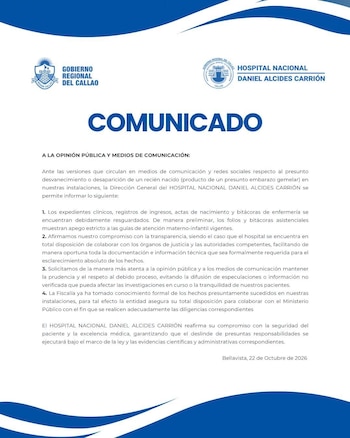 Documento con membrete institucional titulado Comunicado, con cuatro puntos de texto sobre fondo blanco y franjas azules