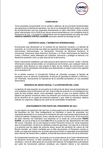 El periodista Camilo Chará pidió
