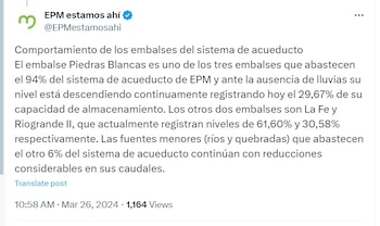 Debido al fenómeno de El Niño, el servicio de agua será interrumpido en Medellín y el Valle de Aburrá - crédito @EPMestamosahi/X