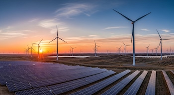 Filas de paneles solares en primer plano con numerosas turbinas eólicas en la distancia bajo un cielo de atardecer con tonos naranjas y azules sobre un paisaje seco.