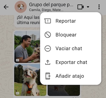 Captura de pantalla de un chat de WhatsApp y un menú desplegable con opciones: Reportar, Bloquear, Vaciar chat, Exportar chat, Añadir atajo