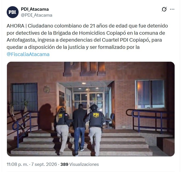 La captura del colombiano se efectuó el lunes 7 de septiembre de 2026 - crédito @PDI_Atacama/X
