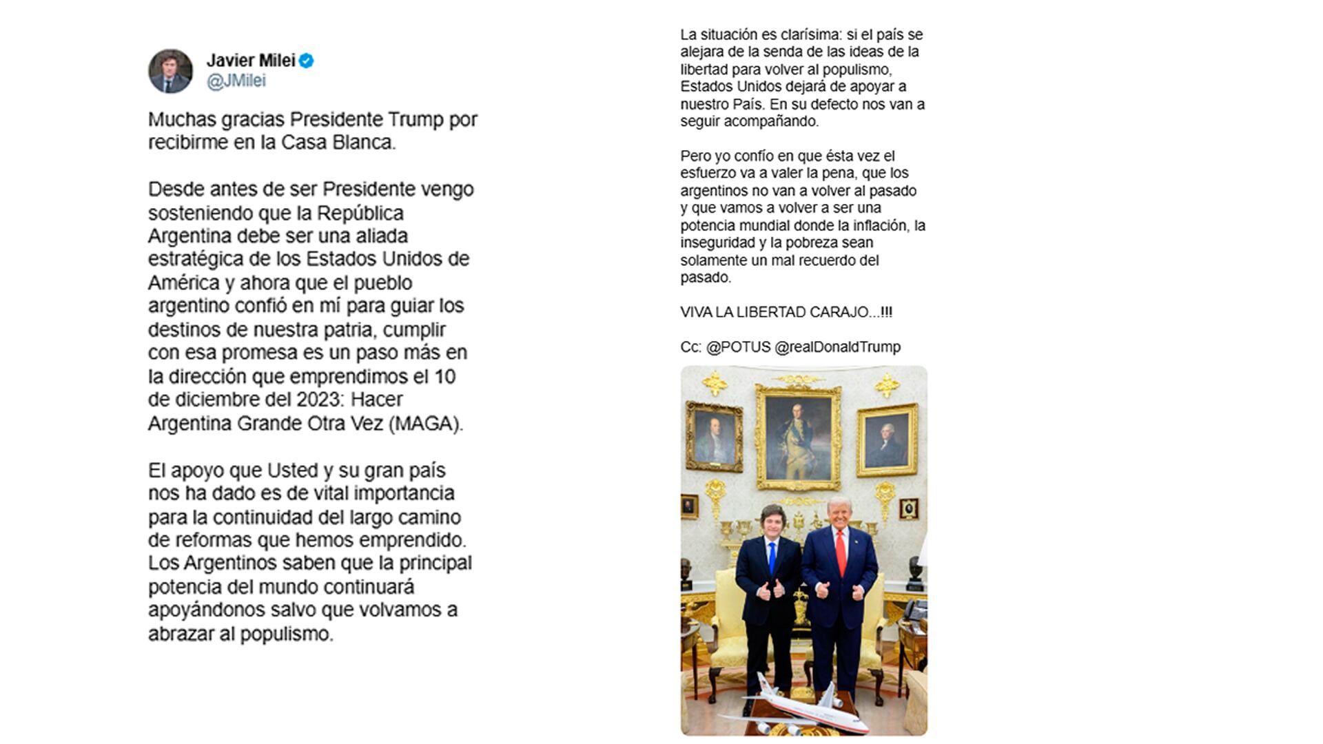 El mensaje que compartió el presidente Milei tras la reunión con Trump