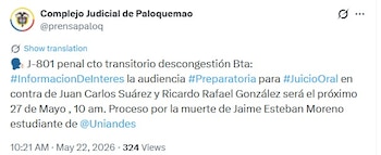 El juzgado penal de Bogotá estableció una nueva fecha para continuar el proceso después de varios aplazamientos, buscando evitar la liberación de los acusados por vencimiento de términos y garantizar la continuidad del juicio - crédito captura de pantalla @prensapaloq