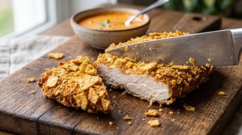 Un cuchillo corta una milanesa de pollo empanizada con totopos sobre una tabla de madera con un tazón de salsa al fondo.