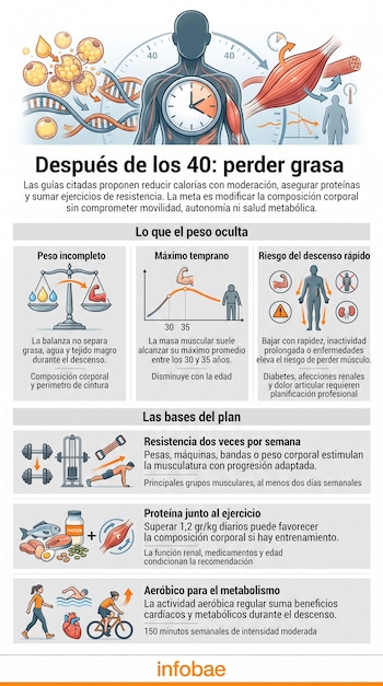Infografía con esquemas de masa muscular, balanza, gráficos y texto descriptivo sobre la composición corporal en adultos.