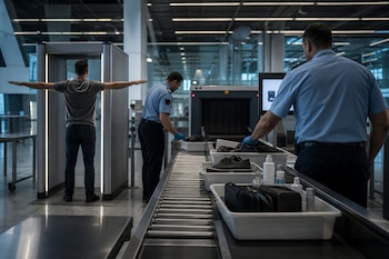 Pasajero en escáner corporal y agentes revisando bandejas con pertenencias en la cinta de rayos X de un aeropuerto.