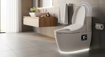 Un inodoro inteligente blanco con pantalla digital y luz ambiental en un baño moderno con azulejos grises, un tocador de madera y un espejo iluminado.