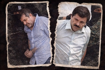 Fotografía dividida en el centro. A la izquierda, Alfredo Beltrán Leyva esposado con camisa azul. A la derecha, Joaquín Guzmán Loera con bigote y camisa clara.