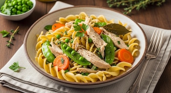 Un primer plano de un plato de fideos con trozos de pollo, guisantes, zanahorias en rodajas y arvejas chinas, adornado con hierbas frescas.