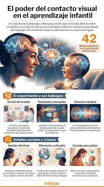 Infografía ilustra una mujer y un bebé con cerebros luminosos, escenas de experimentos, dos cerebros con ondas cerebrales y un globo terráqueo.