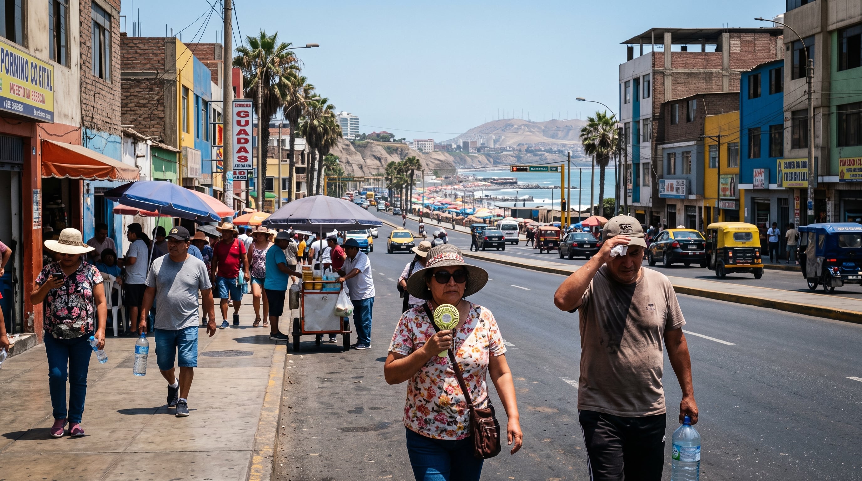Varias personas transitan por la costa de Perú protegidas del sol en medio de las altas temperaturas registradas por el fenómeno de El Niño Costero. (Imagen Ilustrativa Infobae)