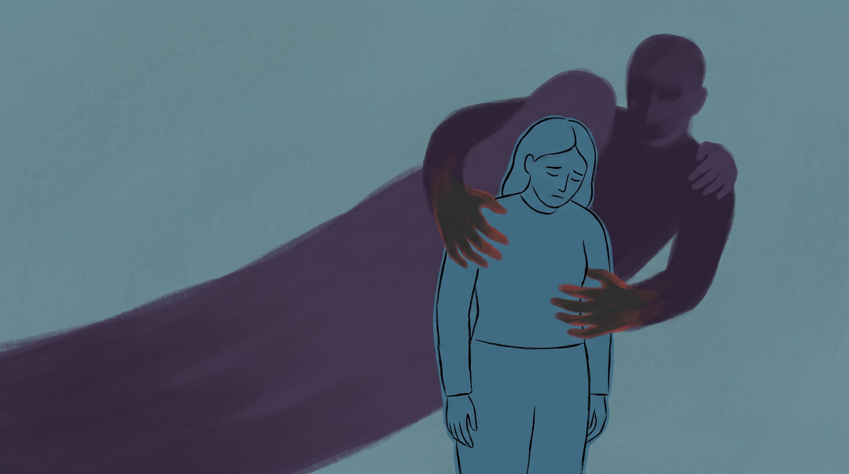 Una mujer cabizbaja se encuentra de pie mientras una figura masculina sombría la abraza por la espalda con un gesto opresivo. (Imagen Ilustrativa Infobae)