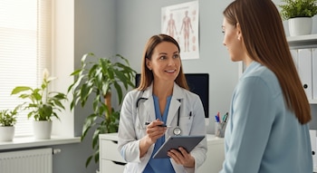 Ginecóloga sonriente con bata blanca y estetoscopio sostiene tableta y bolígrafo, conversando con una mujer en un consultorio médico.