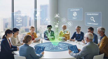 Ocho personas sentadas alrededor de una mesa redonda blanca, con pantallas digitales que muestran gráficos y textos relacionados con la Inteligencia Artificial.