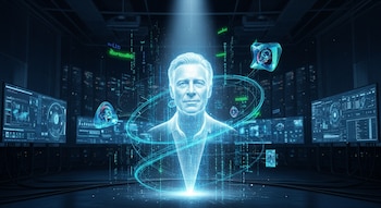 Retrato digital brillante de un hombre mayor en un entorno futurista oscuro con pantallas de información y circuitos luminosos que flotan a su alrededor.