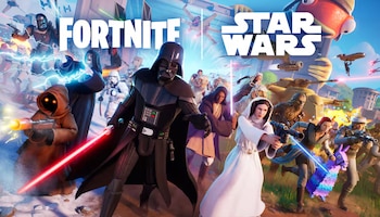 Imagen promocional de Fortnite x Star Wars mostrando a Darth Vader, Princesa Leia, Obi-Wan Kenobi, Chewbacca y otros personajes en un combate fantástico
