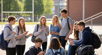 Grupo de ocho jóvenes con mochilas y ropa casual conversando y usando sus teléfonos móviles en un espacio abierto, con árboles y edificios de fondo.