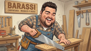 Caricatura de Darío Barassi sonriendo, con ropa de carpintero y un cinturón de herramientas, cortando una tabla de madera con una sierra en un taller.
