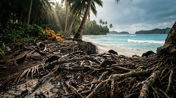 Cuatro ratas oscuras caminan sobre raíces expuestas de palmeras en una playa con vegetación tropical y mar turquesa.