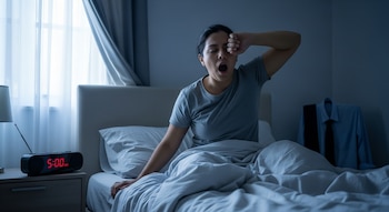 Uma mulher latina com uma camiseta marrom tosse e esfrega os olhos enquanto está sentada na cama. Um relógio digital funciona