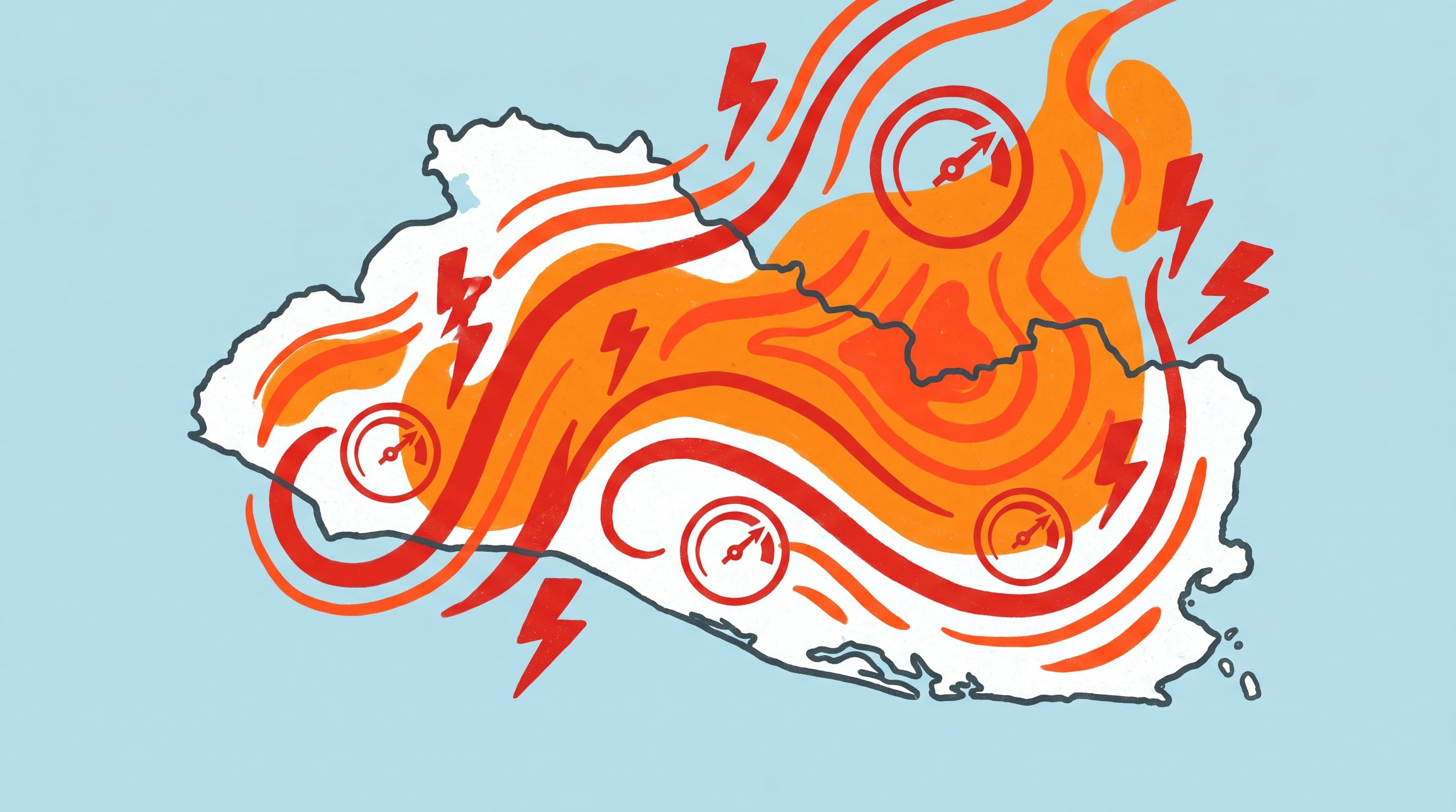 Una ilustración conceptual muestra el mapa de El Salvador cubierto por ondas rojas y naranjas, simbolizando una ola de calor que eleva el consumo eléctrico. (Imagen Ilustrativa Infobae)