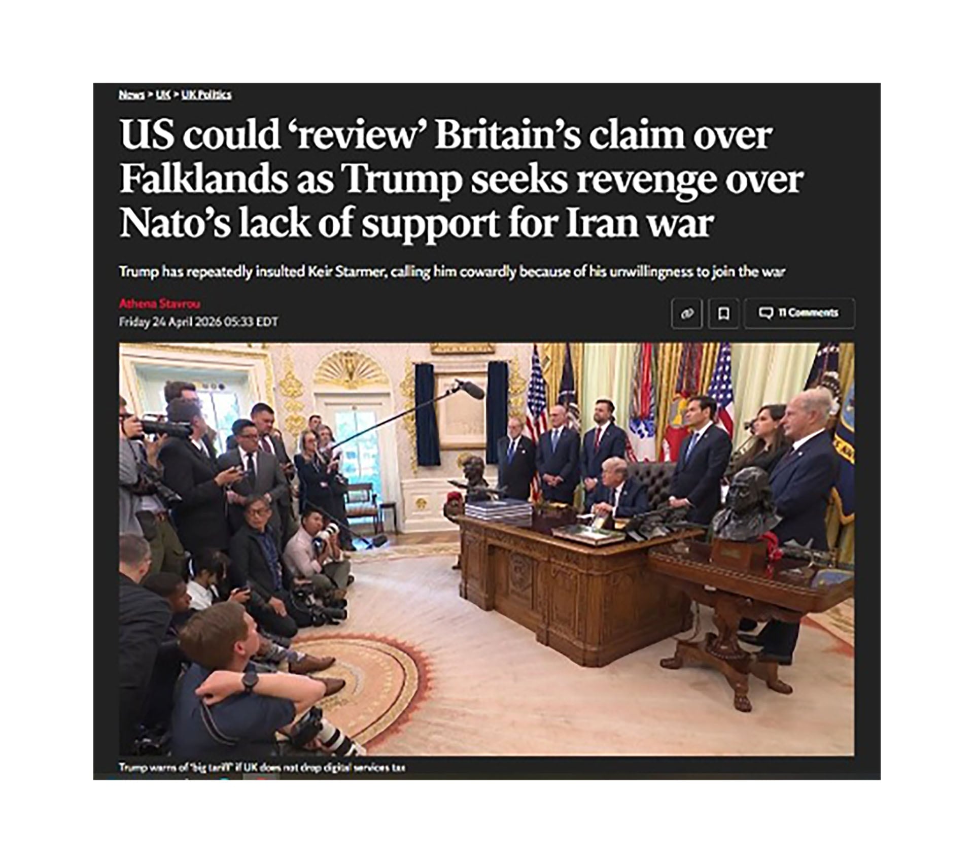 Una captura de pantalla muestra un artículo sobre la posible revisión por parte de Donald Trump del reclamo de soberanía del Reino Unido sobre las Malvinas, junto a una imagen del expresidente en un evento de prensa.