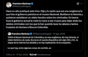 Captura de pantalla de una publicación en la red social X de la cuenta de Francisco Barbosa, con texto y cita de un mensaje previo