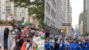 Manifestantes pro-palestinos se enfrentaron a la policía frente a una sinagoga de Nueva York