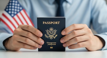 Primer plano de manos sobre una mesa blanca sosteniendo un pasaporte azul oscuro con la palabra PASSPORT en dorado, y una bandera de Estados Unidos desenfocada detrás.