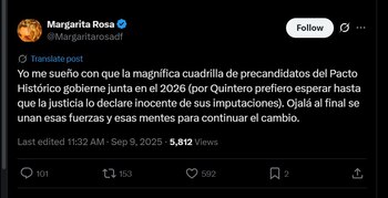Margarita Rosa de Francisco manifestó en sus redes sociales su apoyo a los precandidatos del Pacto Histórico - crédito @Margaritarosadf/X