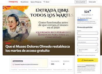 Página web de Change.org con una petición para el Museo Dolores Olmedo en Ciudad de México, muestra una ilustración, el título, 524 firmas y un formulario