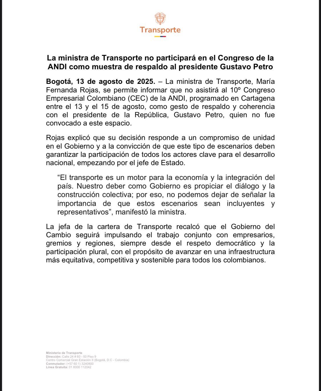 A través de un comunicado, la ministra confirmó que no asistirá al congreso de la Andi que se celebra en Cartagena de Indias - crédito red social X