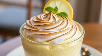 Primer plano de mousse de limón en vaso de cristal, cubierto con merengue italiano blanco y tostado en espiral. Decorado con una rodaja de limón y una hoja de menta.