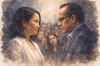 Pintura digital acuarela de Keiko Fujimori y Roberto Sánchez frente a frente, con blazers blanco y azul, y votantes indecisos en el fondo.