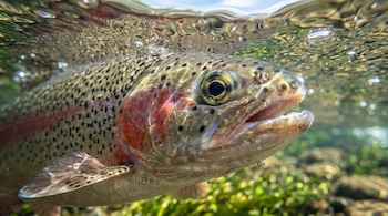 Trucha arcoíris, primer plano subacuático. Visible su ojo, boca abierta, branquias rojas. Se aprecia la superficie del agua y plantas verdes borrosas.